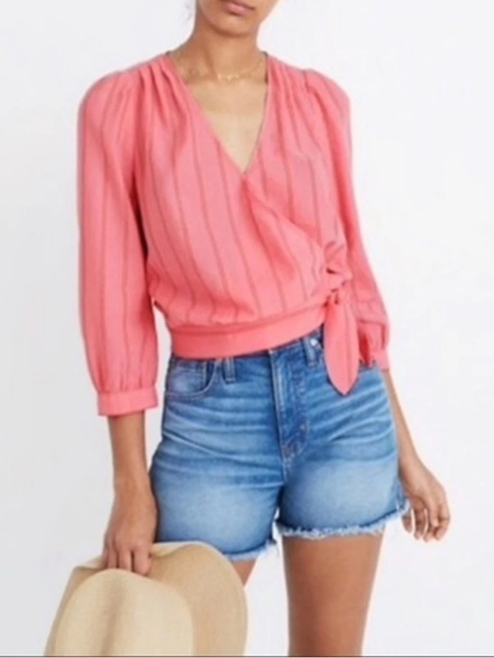 Madewell Cecilia Stripe Wrap Top Pink White V-Neck Puff Sleeve Blouse